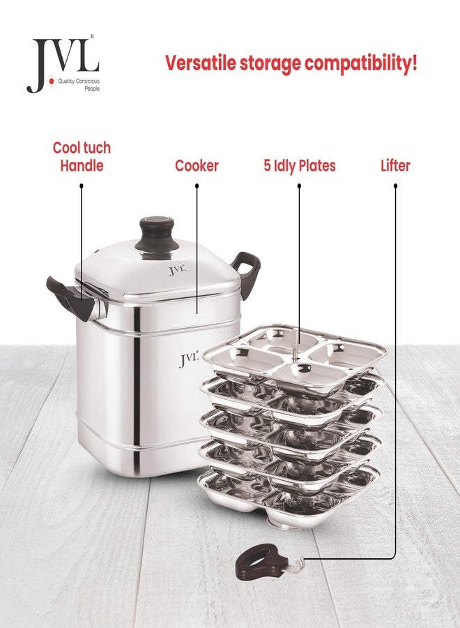 JVL قدر إيدلي مربع الشكل ثلاثي القاعدة من JVL (5 أطباق إيدلي، 20 قطعة إيدلي) - قدر بخار إيدلي من الفولاذ المقاوم للصدأ - Image 4